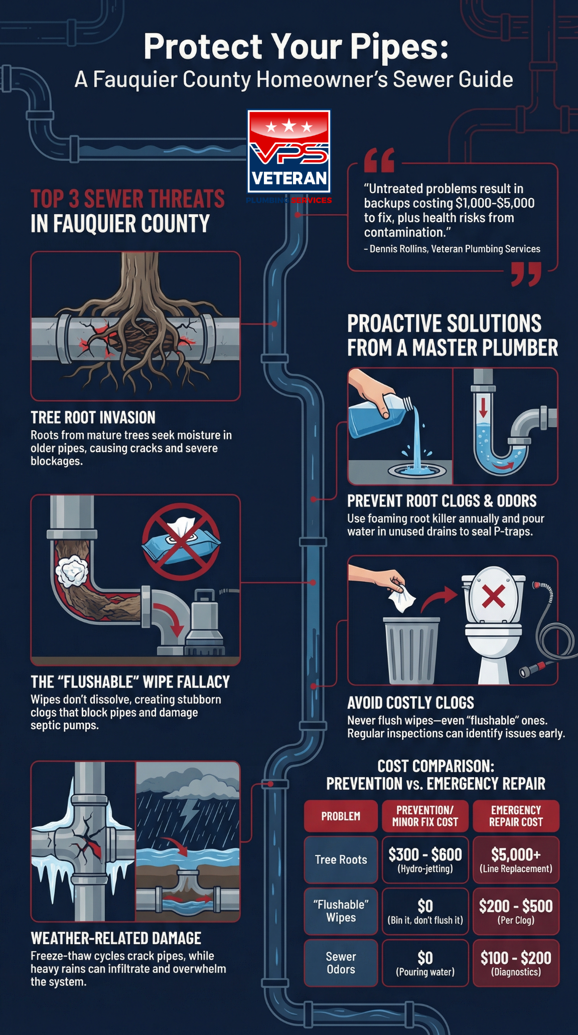 Protect Your Pipes Sewer Guide Fauquier County sewer problems, sewer backup Fauquier County, Warrenton sewer line issues, Remington septic system problems, The Plains sewer odors, Bealeton sewer backups, tree root sewer damage Fauquier, septic system failure Fauquier County, flushable wipes sewer clogs Fauquier, sewer odors Fauquier homes, freeze thaw sewer pipe damage Virginia, clay soil sewer pipe shifting, sewer camera inspection Fauquier County, veteran plumber Fauquier County, Fauquier County Water and Sanitation Authority sewer issues