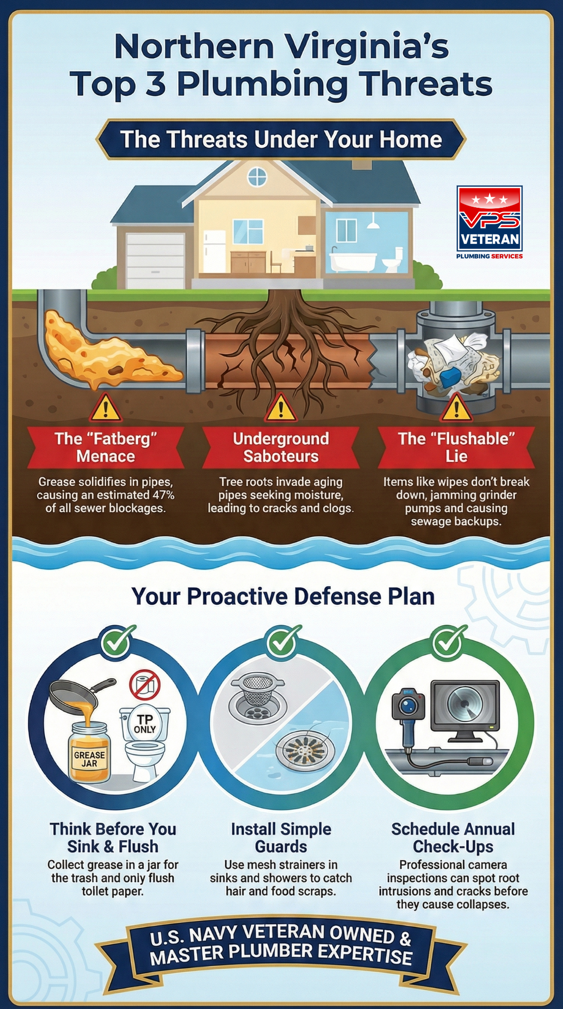 Top 3 Plumbing Threats Under Home Northern Virginia plumbing, drain clog causes, sewer backup prevention, grinder pump maintenance, Fairfax County drains, Loudoun County sewers, Prince William grinder pumps, Culpeper septic issues, Fauquier sewer challenges, Stafford grinder pump failure, tree root intrusions, grease buildup fatbergs, non-flushable items, hydro-jetting services, Veteran Plumbing Services